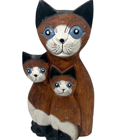 Hand carved Wooden Cats Standing Staring Together Folk Art Piece - Picture 1 of 16